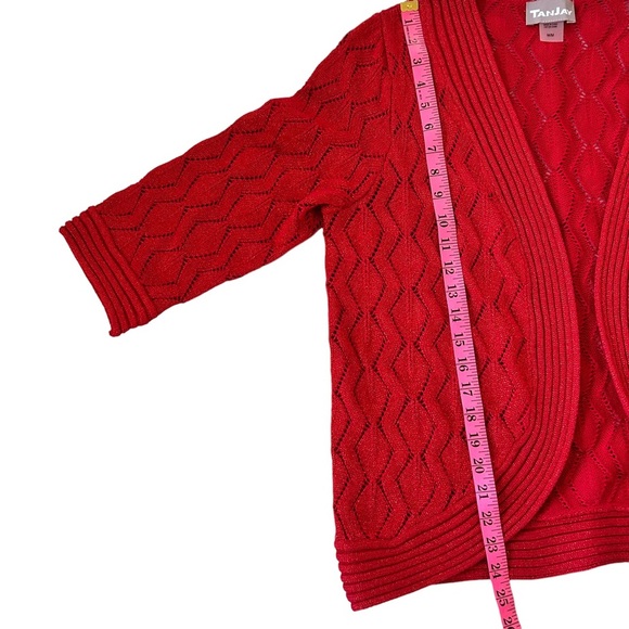 TanJay Red Open Front Women's Crochet Knit 3/4 Sleeve Cardigan Size Medium - Picture 3 of 9